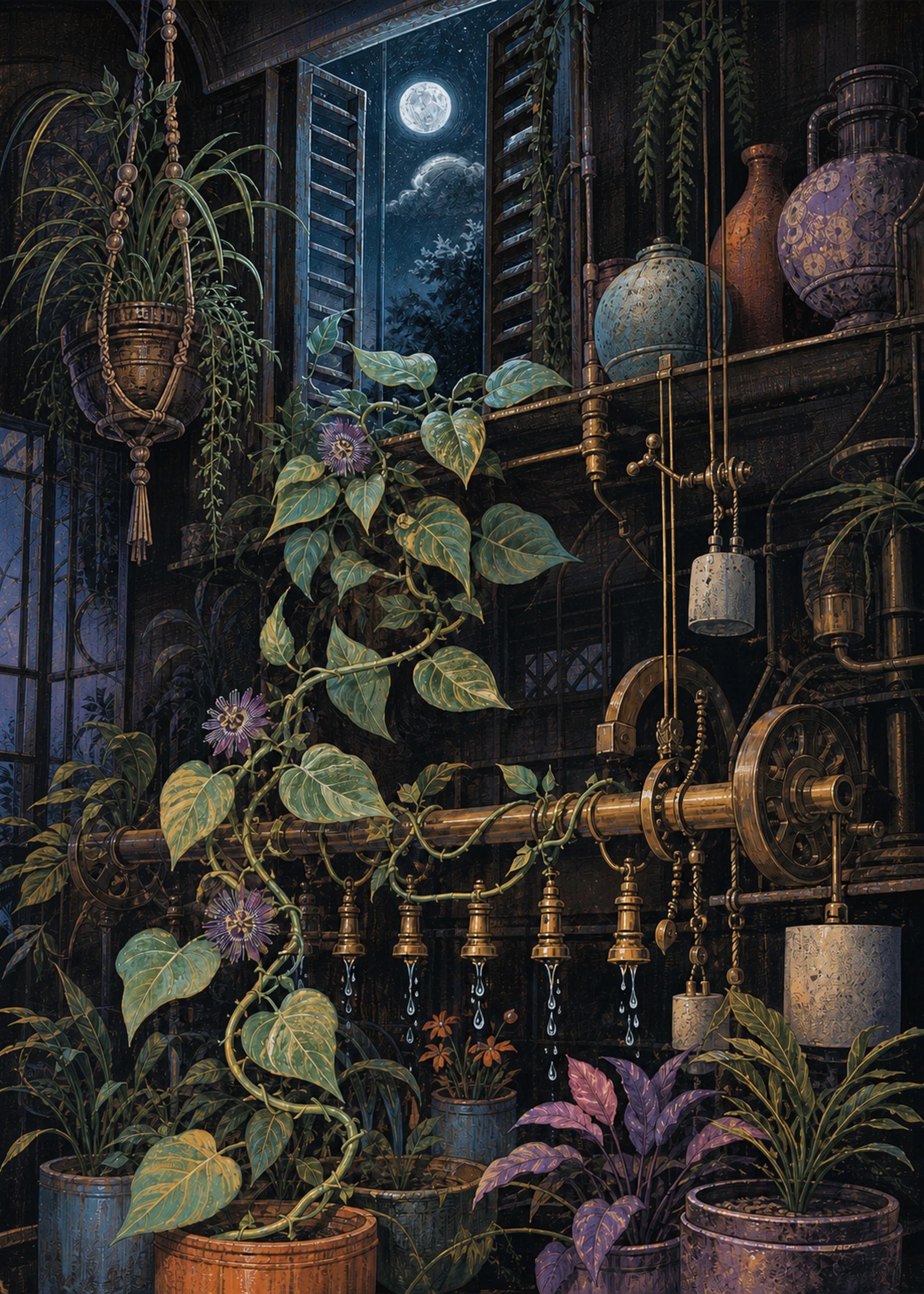 Houseplant Night Shift — Moonlit Proof — framed Soft Systems art print